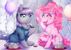 Size: 7016x4960 | Tagged: absurd resolution, artist:8bitgalaxy, balloon, birthday party, boulder (pet), cake, chest fluff, derpibooru import, eyes closed, food, maud pie, maud's cave, party, pinkie pie, safe, signature, sitting