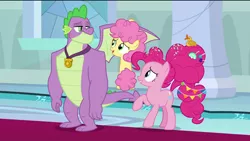 Size: 1920x1080 | Tagged: safe, derpibooru import, edit, edited screencap, screencap, li'l cheese, pinkie pie, spike, dragon, earth pony, pony, the last problem, candy, carpet, confetti, female, foal, food, gigachad spike, grabbing, happy, lollipop, male, mama pinkie, mare, medal, older, older pinkie pie, older spike, pillar, playing, raised hoof, removed eyebag edit, rubber duck, smiling, spread wings, stained glass, surprised, throne room, winged spike, wings