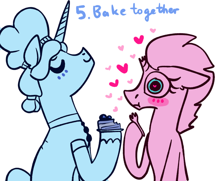 Size: 1280x1071 | Tagged: safe, artist:tempestintheponyvile, derpibooru import, prince blueblood, tempest shadow, pony, unicorn, berryblood, broken horn, cake, chef's hat, female, food, fork, hat, horn, male, shipping, straight