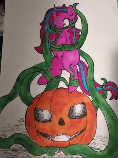 Size: 3000x4000 | Tagged: questionable, artist:backgroundpony#f352, derpibooru import, oc, unofficial characters only, pony, unicorn, bondage, halloween, holiday, plant, pumpkin, tentacle bondage, tentacle porn, tentacles, traditional art, vine