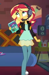 Size: 707x1079 | Tagged: safe, derpibooru import, screencap, sunset shimmer, equestria girls, equestria girls series, game stream, spoiler:eqg series (season 2), clothes, converse, couch, cropped, cute, female, gamer sunset, headset, jacket, pantyhose, shimmerbetes, shoes, smiling, speaker, sunset gamer, sunset's apartment, video game