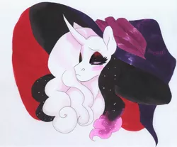 Size: 3397x2809 | Tagged: safe, artist:frozensoulpony, derpibooru import, oc, oc:mademoiselle d'hiver, pony, unicorn, bust, female, hat, inktober, mare, offspring, parent:fancypants, parent:fleur-de-lis, parents:fancyfleur, portrait, solo, traditional art, witch hat