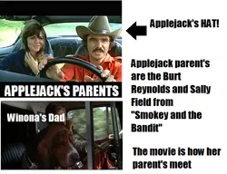 Size: 596x458 | Tagged: applejack's parents, burt reynolds, derpibooru import, fits, fred, headcanon, jerry reed, safe, sally field, smokey and the bandit, story of how they meet, winona