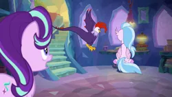 Size: 1280x720 | Tagged: safe, derpibooru import, screencap, edith (cockatrice), silverstream, starlight glimmer, classical hippogriff, cockatrice, hippogriff, pony, student counsel, female, flying, mare, red eyes, spread wings, stairs, treehouse of harmony, wings