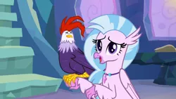 Size: 1920x1080 | Tagged: classical hippogriff, cockatrice, derpibooru import, duo, edith (cockatrice), female, hippogriff, jewelry, necklace, red eyes, safe, screencap, silverstream, student counsel, treehouse of harmony