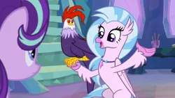 Size: 1920x1080 | Tagged: safe, derpibooru import, screencap, edith (cockatrice), silverstream, starlight glimmer, classical hippogriff, cockatrice, hippogriff, pony, student counsel, female, jewelry, mare, necklace, red eyes, treehouse of harmony