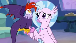 Size: 1280x720 | Tagged: classical hippogriff, cockatrice, derpibooru import, duo, edith (cockatrice), female, hippogriff, jewelry, necklace, red eyes, safe, screencap, silverstream, student counsel, treehouse of harmony