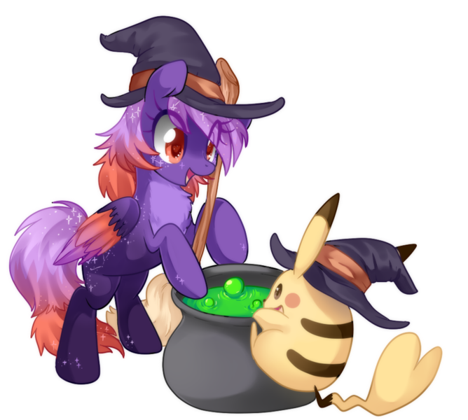Size: 950x853 | Tagged: source needed, useless source url, safe, artist:loyaldis, derpibooru import, oc, oc:ardent dusk, unofficial characters only, pegasus, pikachu, pony, broom, cauldron, chest fluff, commission, female, hat, pokémon, simple background, solo, transparent background, witch hat, ych result