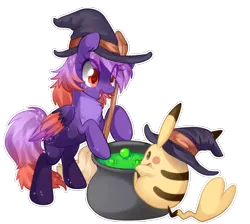 Size: 950x853 | Tagged: source needed, useless source url, safe, artist:loyaldis, derpibooru import, oc, oc:ardent dusk, unofficial characters only, pegasus, pikachu, pony, broom, cauldron, chest fluff, commission, female, hat, pokémon, simple background, solo, transparent background, witch hat, ych result