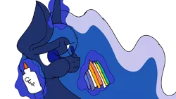 Size: 900x506 | Tagged: safe, artist:treble clefé, derpibooru import, princess luna, alicorn, pony, two best sisters play, crayons, flowing mane, glue, hidden wings, levitation, magic, paste eating, puffy cheeks, solo, telekinesis