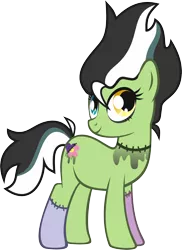 Size: 1844x2538 | Tagged: safe, artist:inkandmystery, derpibooru import, oc, oc:haunted stiches, unofficial characters only, earth pony, pony, female, frankenpony, frankenstein's monster, heterochromia, mare, multicolored hair, simple background, solo, stitches, transparent background