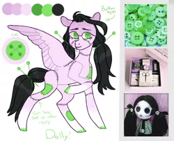 Size: 1020x828 | Tagged: safe, artist:jellybeanbullet, derpibooru import, oc, oc:dolly (doll), unofficial characters only, doll pony, original species, pegasus, pony, button, doll, female, lipstick, mare, moodboard, needle, pin, raised hoof, reference sheet, simple background, solo, stitches, toy, unshorn fetlocks, white background, wingding eyes