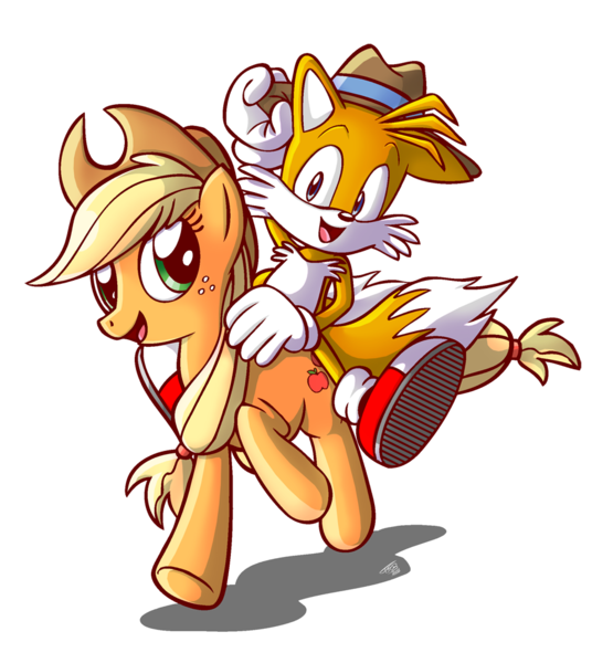 Size: 893x1000 | Tagged: applejack, artist:tobibrocki, crossover, derpibooru import, miles "tails" prower, safe, simple background, sonic the hedgehog (series), transparent background