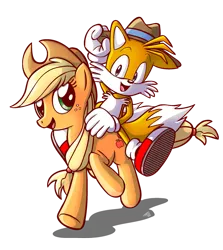 Size: 893x1000 | Tagged: applejack, artist:tobibrocki, crossover, derpibooru import, miles "tails" prower, safe, simple background, sonic the hedgehog (series), transparent background