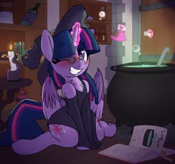 Size: 1936x1820 | Tagged: safe, artist:lockheart, derpibooru import, twilight sparkle, twilight sparkle (alicorn), alicorn, ghost, pony, undead, adorkable, blushing, bone hurting juice, boo (super mario), book, butt wings, candle, cauldron, chest fluff, clothes, colored horn, curved horn, cute, disembodied horn, dork, dress, eye clipping through hair, female, glasses, hat, horn, image, leg fluff, levitation, love potion, magic, mare, one eye closed, png, potion, shoulder fluff, sitting, smiling, solo, sombra's horn, telekinesis, twiabetes, two toned wings, underhoof, wings, wink, witch, witch hat