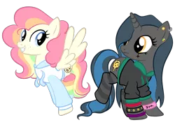 Size: 2752x2000 | Tagged: safe, artist:flutterbases, artist:magicpebbles, derpibooru import, oc, oc:cheery candy, oc:tough cookie (ice1517), unofficial characters only, pegasus, pony, unicorn, base used, cheerycookie, clothes, commission, ear piercing, earring, eyeshadow, female, freckles, hoodie, jewelry, lesbian, makeup, mare, multicolored hair, oc x oc, piercing, rainbow hair, rainbow socks, raised leg, shipping, simple background, socks, striped socks, transparent background, wristband