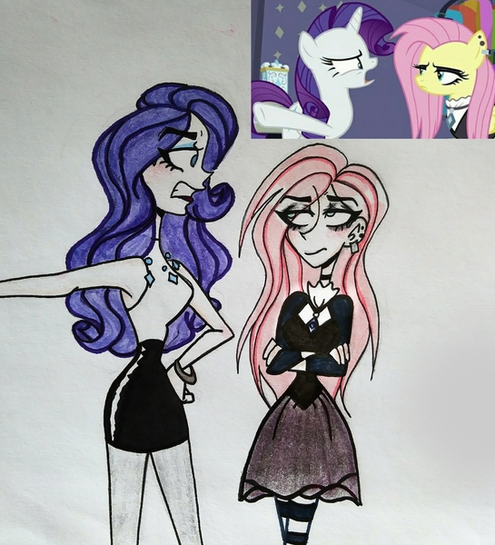 Size: 2779x3057 | Tagged: artist:citi, derpibooru import, fake it 'til you make it, fluttergoth, fluttershy, human, humanized, rarity, safe, scene interpretation, screencap, screencap reference, traditional art