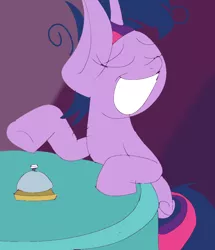 Size: 808x938 | Tagged: safe, artist:treble clefé, derpibooru import, twilight sparkle, twilight sparkle (alicorn), alicorn, pony, a trivial pursuit, bell, cute, insanity, messy mane, smiling, solo, table, twilight snapple, wide smile