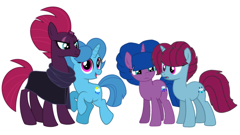 Size: 1920x1080 | Tagged: safe, artist:徐詩珮, derpibooru import, fizzlepop berrytwist, spring rain, tempest shadow, oc, oc:spring grezt, oc:storm lightning, pony, unicorn, alternate universe, broken horn, clothes, cute, family, female, horn, lesbian, magical lesbian spawn, mare, mother and child, mother and daughter, next generation, offspring, parent:spring rain, parent:tempest shadow, parents:springshadow, scarf, shipping, simple background, springbetes, springshadow, tempestbetes, transparent background