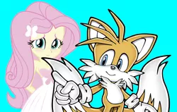 Size: 1402x893 | Tagged: safe, artist:sonicsuperstar1991, derpibooru import, fluttershy, equestria girls, 1000 hours in ms paint, blushing, cute, fluttertails, miles "tails" prower, sonic the hedgehog (series)