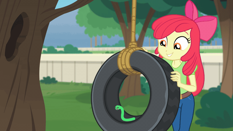 Size: 1280x720 | Tagged: safe, derpibooru import, screencap, apple bloom, colonel wigglesworth, worm, equestria girls, equestria girls series, holidays unwrapped, spoiler:eqg series (season 2), animated, apple worm, cute, gif, happy, loop, outdoors, perfect loop, pet, playing, smiling, swing, the cider louse fools, tire, tire swing