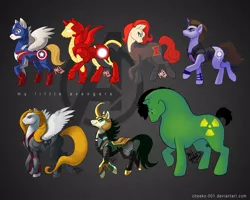 Size: 1000x800 | Tagged: safe, artist:megsyv, derpibooru import, ponified, pony, avengers, black widow (marvel), captain america, hawkeye, iron man, loki, the incredible hulk, thor