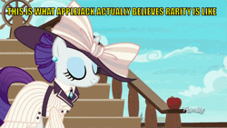 Size: 500x281 | Tagged: safe, derpibooru import, edit, edited screencap, screencap, pinkie pie, rarity, pony, ppov, animated, apple, candy, candy apple (food), caption, caramel apple (food), clothes, cupcake, darling, discovery family logo, dress, food, giant hat, gif, hat, image macro, lollipop, offscreen character, peanut, raristocrat, rarity looking at food, rose dewitt bukater, solo focus, subtitles, text, titanic