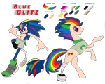 Size: 1024x829 | Tagged: safe, artist:spqr21, derpibooru import, oc, oc:blue blitz, earth pony, hedgehog, pegasus, pony, amputee, crossover, devil horn (gesture), interspecies offspring, multicolored hair, offspring, parent:rainbow dash, parent:sonic the hedgehog, parents:sonicdash, prosthetic limb, prosthetics, rainbow hair, rearing, reference sheet, simple background, sonic the hedgehog, sonic the hedgehog (series), story included, transparent background