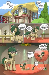 Size: 1375x2125 | Tagged: safe, artist:willdabeard, derpibooru import, oc, oc:nutmeg, earth pony, comic:nutmeg's tiny adventure, bouncing, cloud, comic, cutie mark, drinking, excited, exterior, food, garden, happy, house, interior, micro, potion, railing, sequence, shrink, shrinking, shrinking potion, shrunk, sky, tomato, tree, word balloon