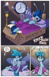 Size: 1100x1700 | Tagged: artist:willdabeard, blue coat, blue mane, breezie, comic, comic:misty's mis-adventure, derpibooru import, littlepartycomics, oc, oc:flurry, oc:misty, onomatopoeia, safe, sleeping, solo, sound effects, unofficial characters only, waking up, watch, word balloon, zzz