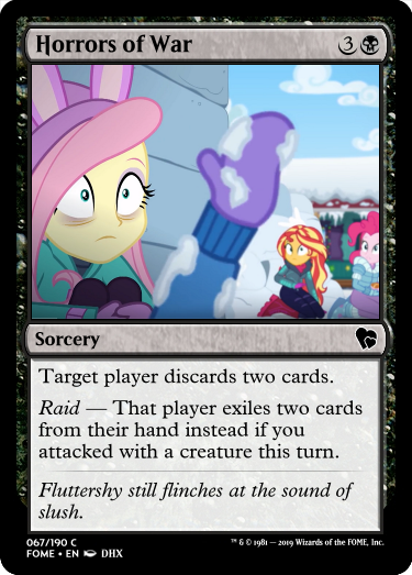 Size: 375x523 | Tagged: safe, derpibooru import, edit, fluttershy, pinkie pie, sunset shimmer, trixie, equestria girls, equestria girls series, holidays unwrapped, spoiler:eqg series (season 2), ccg, clothes, jacket, magic the gathering, mittens, shell shock, snow, trading card, trading card edit