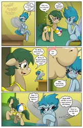Size: 1100x1700 | Tagged: safe, artist:willdabeard, derpibooru import, oc, oc:flurry, oc:misty, oc:nutmeg, breezie, earth pony, pony, comic:misty's mis-adventure, littlepartycomics, beach ball, blue coat, blue mane, blushing, brown coat, clothes, comic, embarrassed, glasses, green mane, kiss on the cheek, kissing, micro, one-piece swimsuit, pouting, scheming, smooch, sunscreen, swimsuit, thought bubble, word balloon