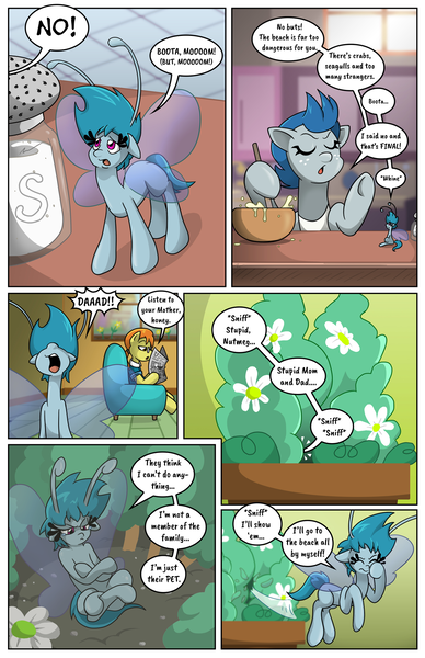 Size: 1100x1700 | Tagged: safe, artist:willdabeard, derpibooru import, oc, oc:flurry, oc:misty, oc:nutmeg's parents, breezie, earth pony, comic:misty's mis-adventure, littlepartycomics, blue coat, blue mane, comic, flower, micro, potted plant, sad, sniffing, teary eyes, word balloon