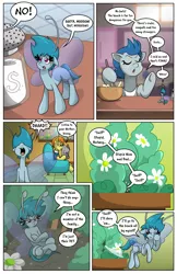 Size: 1100x1700 | Tagged: safe, artist:willdabeard, derpibooru import, oc, oc:flurry, oc:misty, oc:nutmeg's parents, breezie, earth pony, comic:misty's mis-adventure, littlepartycomics, blue coat, blue mane, comic, flower, micro, potted plant, sad, sniffing, teary eyes, word balloon