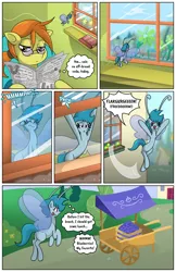 Size: 1024x1583 | Tagged: safe, artist:willdabeard, derpibooru import, oc, oc:flurry, oc:misty, oc:nutmeg's parents, breezie, comic:misty's mis-adventure, littlepartycomics, blue coat, blue mane, blueberry, cheering, comic, food, food cart, fruit, glasses, licking, licking lips, micro, newspaper, orange mane, sneaking, tongue out, word balloon, yellow coat