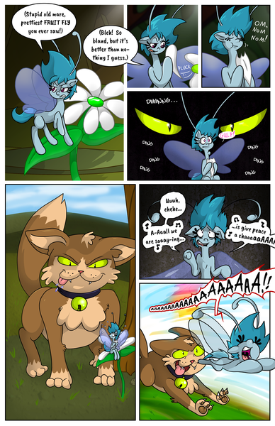 Size: 968x1496 | Tagged: safe, artist:willdabeard, derpibooru import, oc, oc:flurry, oc:misty, breezie, cat, comic:misty's mis-adventure, littlepartycomics, bell, blue coat, blue mane, chase, collar, comic, eating, fleeing, flower, frightened, gulp, licking, licking lips, micro, nervous, screaming, tongue out, word balloon