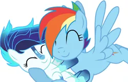 Size: 1024x654 | Tagged: safe, artist:missxxfofa123, derpibooru import, rainbow dash, oc, oc:sonic blast (ice1517), pegasus, pony, icey-verse, eyes closed, family, female, filly, flying, hug, like mother like daughter, mare, markings, mother and child, mother and daughter, offspring, parent:rainbow dash, parent:soarin', parents:soarindash, raised hoof, simple background, white background, young, younger
