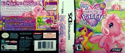 Size: 13064x5522 | Tagged: safe, derpibooru import, official, pinkie pie, pinkie pie (g3), scootaloo, scootaloo (g3), pony, absurd resolution, balloon, box art, earthquake, g3, game, high quality rip, nintendo, nintendo ds, pinkie pie's party, scan, scanned, thq, video game