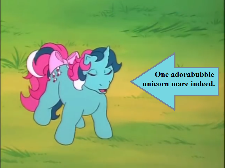Size: 772x577 | Tagged: arrow, bow, captain obvious, cute, derpibooru import, edit, edited screencap, fizzy, fizzybetes, g1, my little pony 'n friends, pun, safe, screencap, solo, tail bow, text, the magic coins