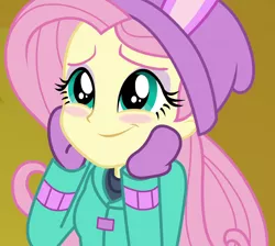 Size: 1208x1080 | Tagged: safe, derpibooru import, screencap, fluttershy, equestria girls, equestria girls series, holidays unwrapped, spoiler:eqg series (season 2), clothes, cropped, cute, fluttershy's winter hat, hat, mittens, shyabetes, solo, winter outfit