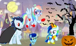 Size: 1200x720 | Tagged: safe, artist:mlplary6, derpibooru import, rainbow dash, soarin', oc, oc:blue skies, oc:speedy dash, pony, undead, vampire, zombie, baby, baby pony, base used, family, female, frankenstein's monster, halloween, holiday, jack-o-lantern, male, nightmare night, offspring, parent:rainbow dash, parent:soarin', parents:soarindash, pumpkin, shipping, soarindash, straight, wonder woman