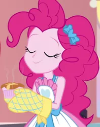 Size: 852x1080 | Tagged: safe, derpibooru import, screencap, pinkie pie, equestria girls, equestria girls series, holidays unwrapped, spoiler:eqg series (season 2), apron, bow, clothes, cropped, eyes closed, female, food, hair bow, inhale, kitchen, oven mitts, ramekin, saving pinkie's pie, shirt, skirt, sleeveless, sleeveless shirt, smiling, sniffs, solo, souffle