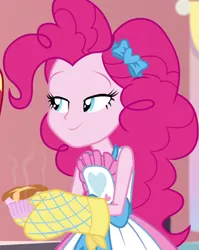 Size: 858x1080 | Tagged: safe, derpibooru import, screencap, pinkie pie, equestria girls, equestria girls series, holidays unwrapped, spoiler:eqg series (season 2), apron, bow, clothes, cropped, female, food, hair bow, kitchen, lidded eyes, oven mitts, raised eyebrows, ramekin, saving pinkie's pie, shirt, skirt, sleeveless, sleeveless shirt, smiling, solo, souffle