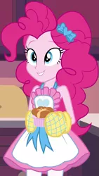 Size: 611x1080 | Tagged: safe, derpibooru import, screencap, pinkie pie, equestria girls, equestria girls series, holidays unwrapped, spoiler:eqg series (season 2), apron, bow, clothes, cropped, female, food, hair bow, kitchen, oven mitts, ramekin, saving pinkie's pie, shirt, skirt, sleeveless, sleeveless shirt, smiling, solo, souffle