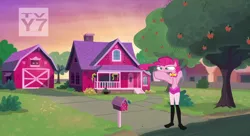 Size: 2560x1396 | Tagged: safe, derpibooru import, edit, edited screencap, screencap, pinkie pie, equestria girls, apple, applejack's house, barn, boots, bush, chimney, clothes, cursed image, door, driveway, every day we stray further from god's light, female, food, garage, god is dead, human legs, mailbox, mutant, not salmon, shoes, sky, sports bra, street, swimsuit, this is why aliens won't talk to us, tree, tv rating, tv-y7, wat, why, window