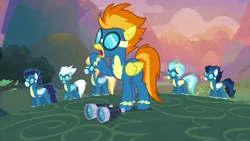 Size: 1920x1080 | Tagged: safe, derpibooru import, screencap, fleetfoot, high winds, lightning streak, misty fly, soarin', spitfire, pony, the last problem, binoculars, clothes, uniform, wonderbolts uniform