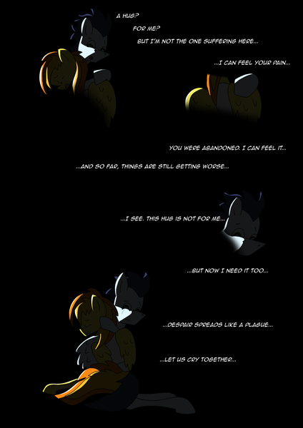 Size: 2480x3508 | Tagged: safe, artist:greeneyedmistress, derpibooru import, soarin', spitfire, pegasus, pony, comic:prelude to creation, crying, female, male, mare, sad, stallion