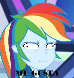 Size: 474x499 | Tagged: safe, derpibooru import, edit, edited screencap, screencap, rainbow dash, equestria girls, equestria girls series, holidays unwrapped, spoiler:eqg series (season 2), caption, derp, image macro, like, me gusta, meme, spanish, text