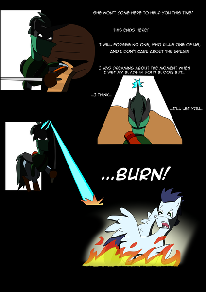 Size: 2480x3508 | Tagged: safe, artist:greeneyedmistress, derpibooru import, soarin', pegasus, pony, comic:prelude to creation, fire, unknown pony