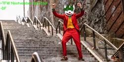 Size: 1200x600 | Tagged: artist:dazzlingflash, clown, clown makeup, dancing, derpibooru import, greentext, joker (2019), meme, nootvember, nootvember 2019, oc, oc:nootaz, safe, shitposting, stairs, text, tfw, the joker